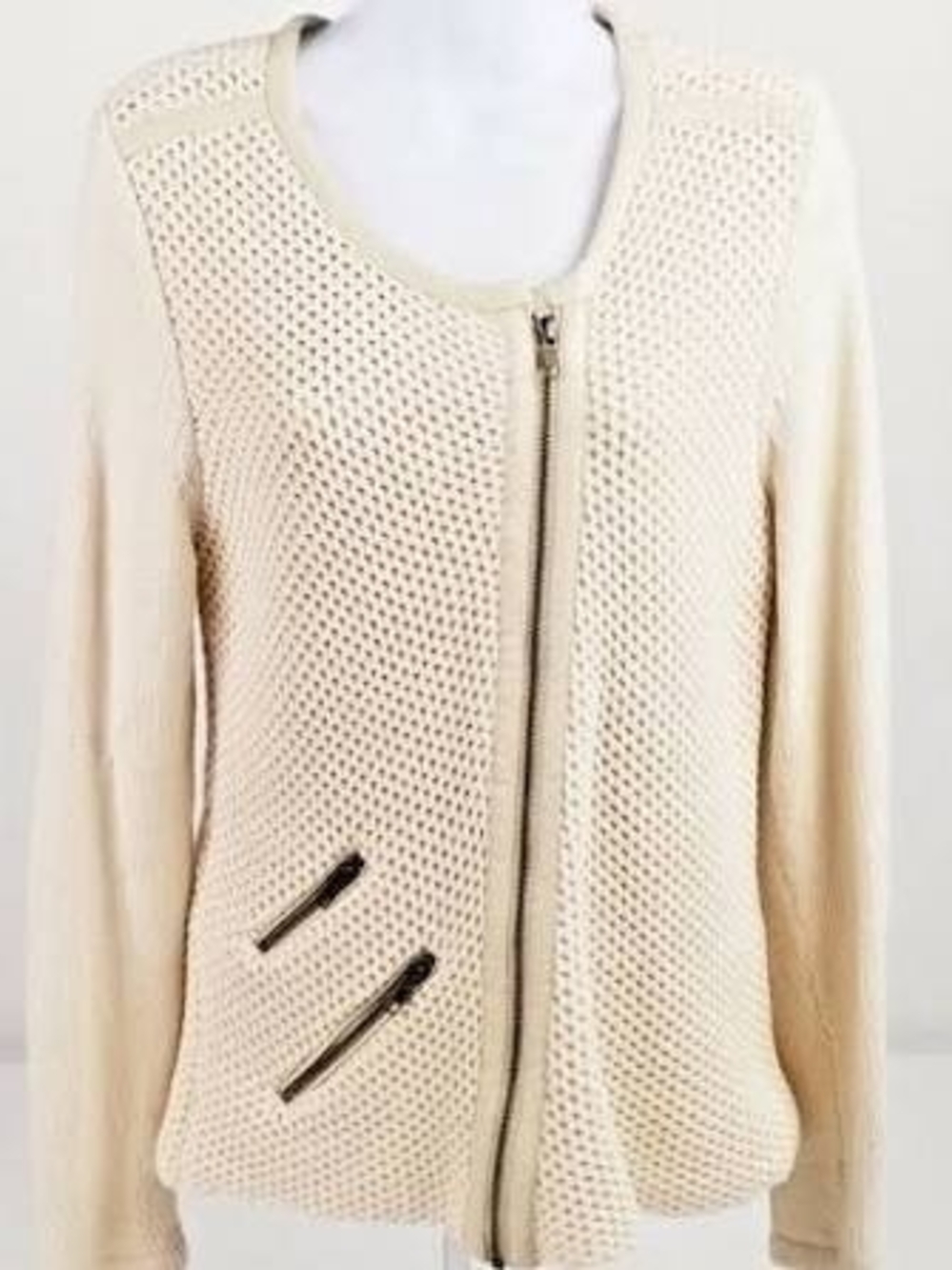 CAbi Cream Open-Weave Zip Cardigan